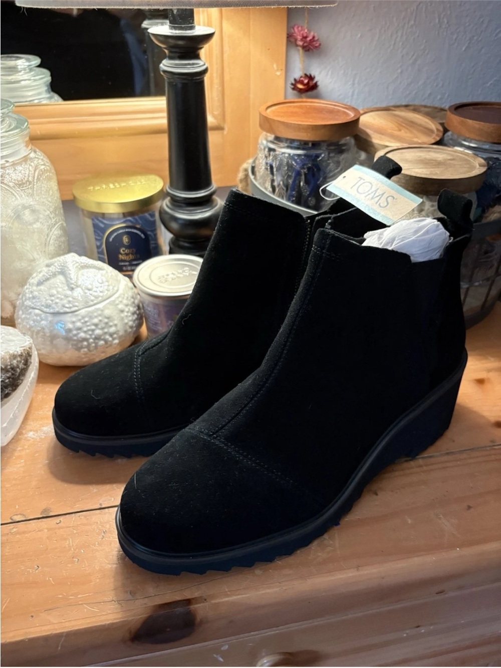 Toms Black Suede Wedge Ankle Booties